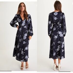 Lulus Beautiful Details Navy Blue Floral Long Sleeve Midi Dress Womens Size XL